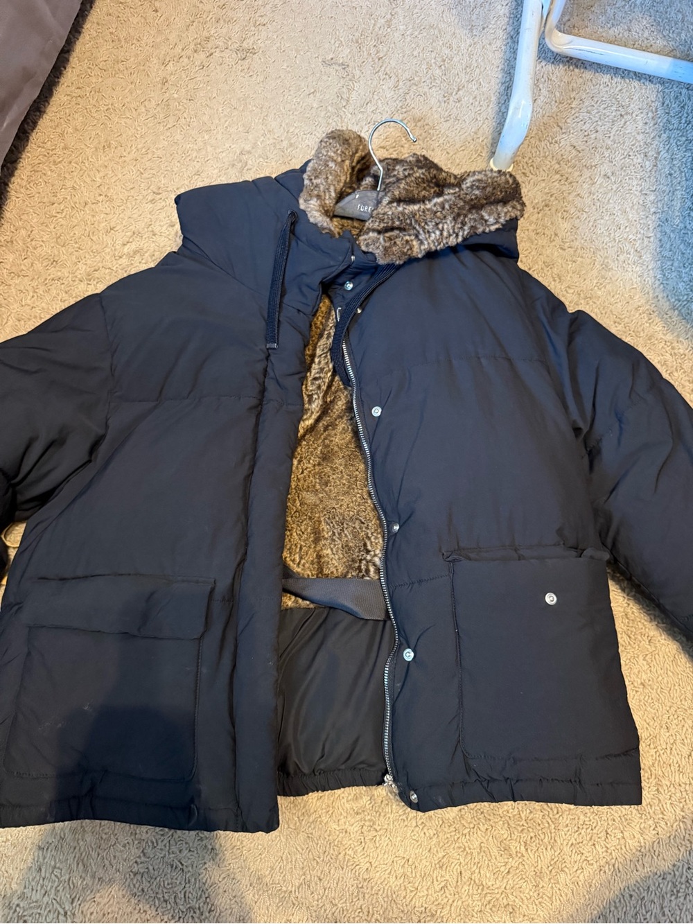 Zara Black Puffer Jacket with Brown Faux-Fur Lining